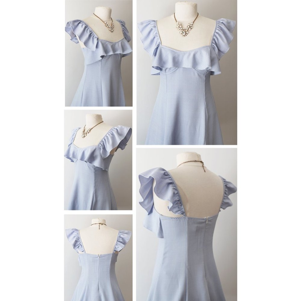 Light Blue Plaid Ruffle Sweetheart Fit Flare Dress - Picture 3 of 8
